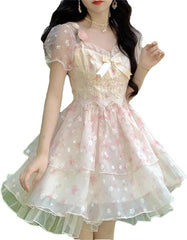 Generic Women's Floral Lace Mini Dress Korean Style Short Sleeve Prom Dress