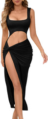 Women's Two Piece Skirt Sets Summer Beach Sexy High Slit Night Out Dress One-Shoulder Backless Vacation Outfits