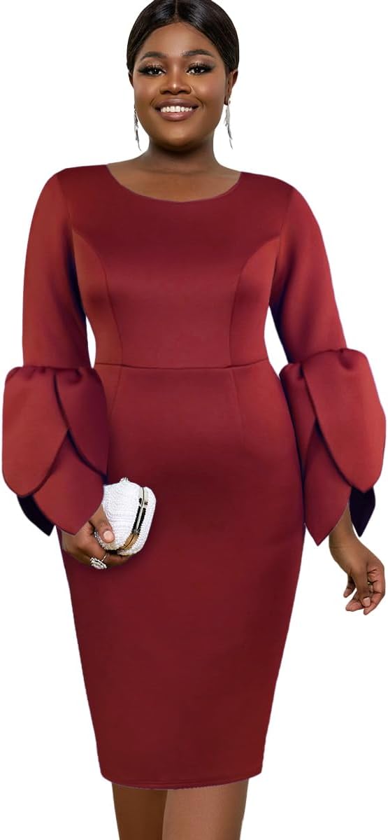AOMEI Women's Purple Crewneck Long Flare Sleeve Bodycon Knee Length Dress