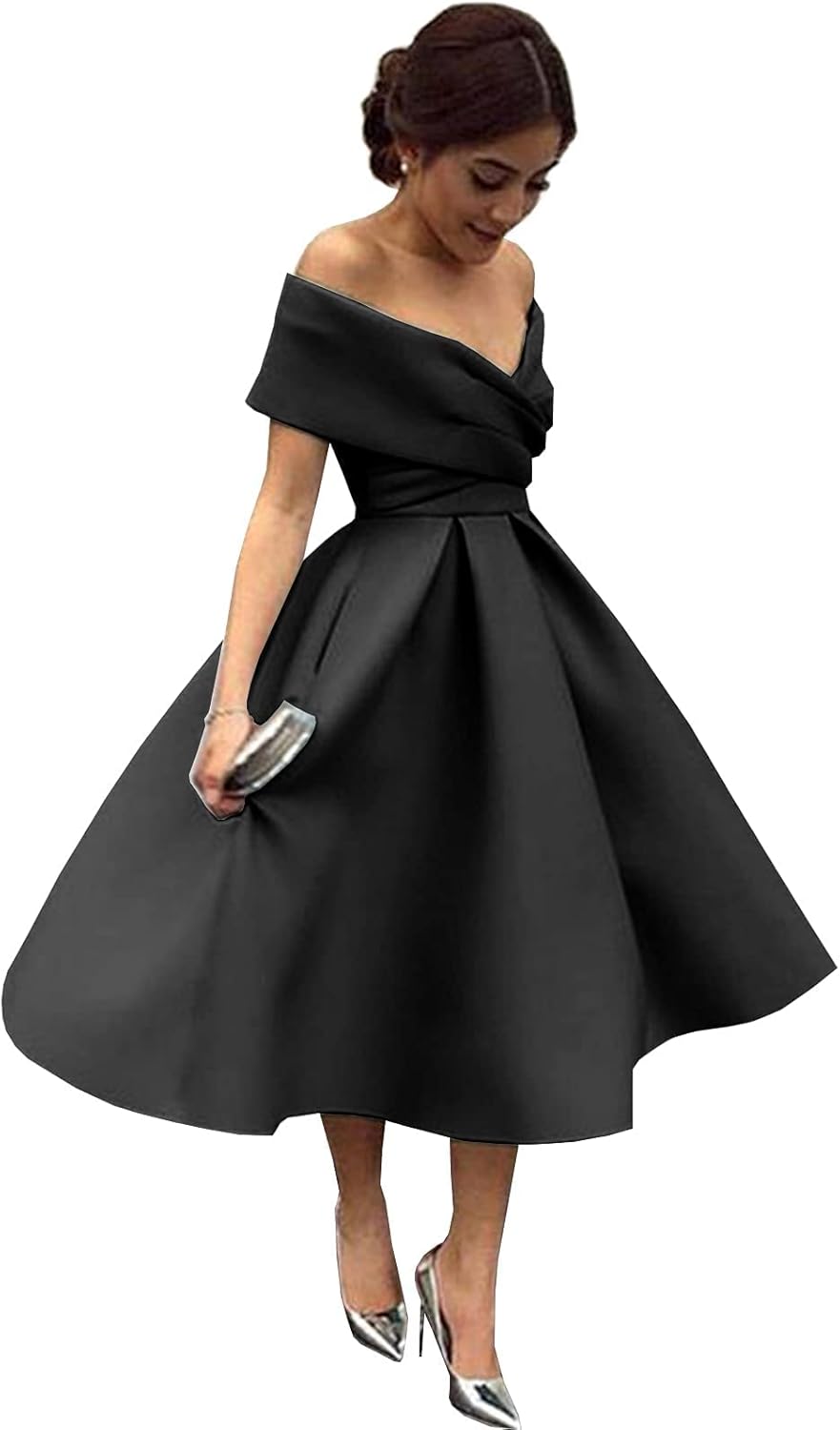 Sunnderly Off Shouler Prom Dresses Midi Length Satin Formal Evening Gown Homecoming Cocktail Dress