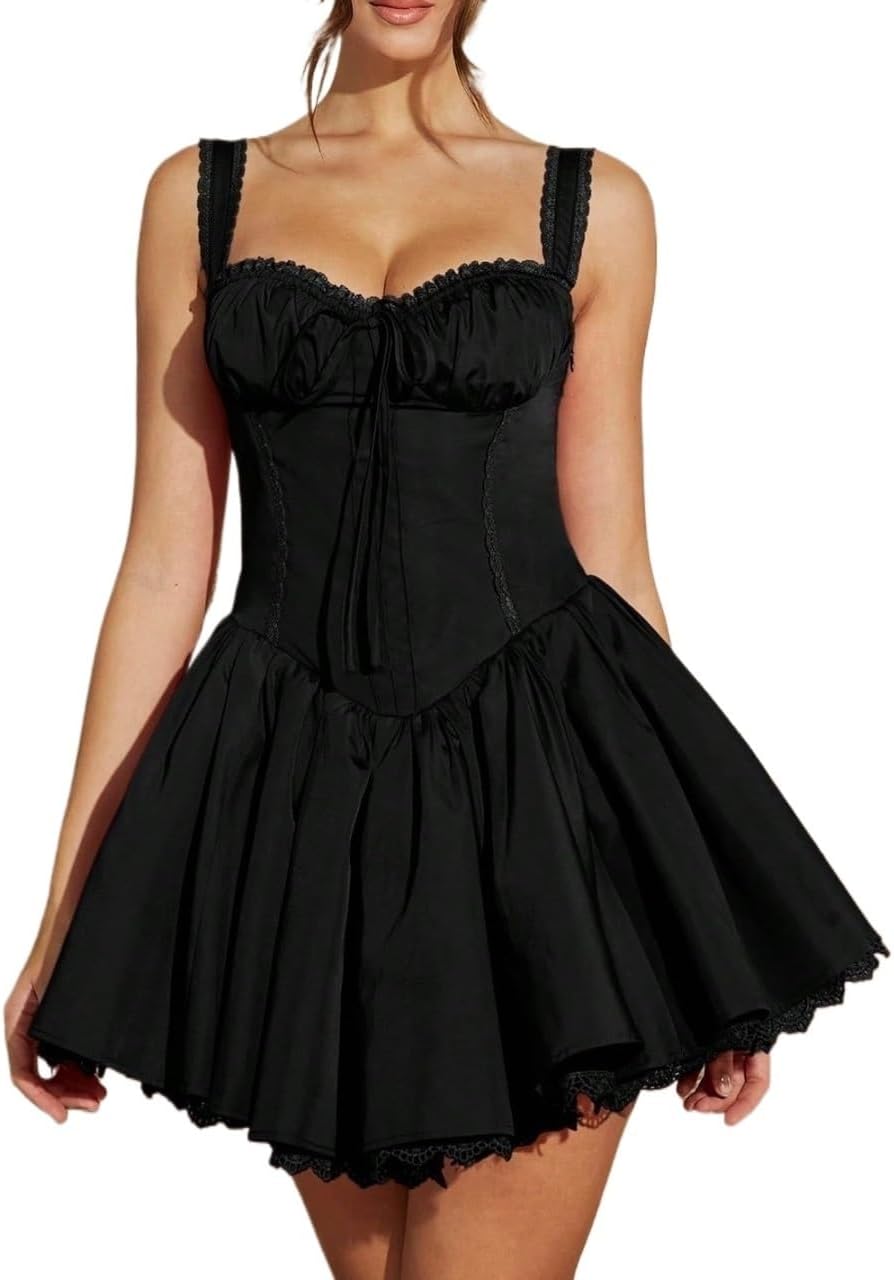 Women's Casual Summer Short Puff Sleeve Lace Pleated Mini Dress Mini Dress