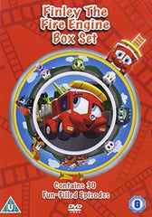 "Red DVD cover featuring cartoon fire engine Finley surrounded by characters on an orange background."