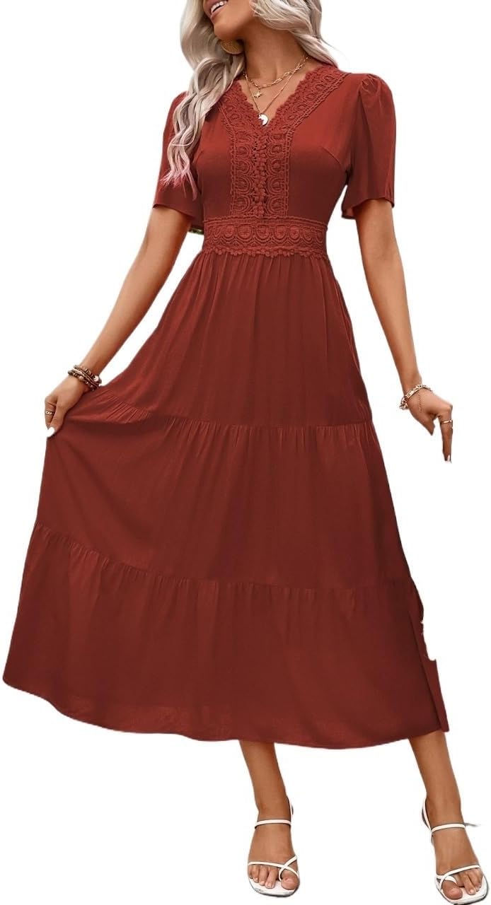 Women's Dresses V neck High Waist Lace Insert Hem Dress Short Sleeve