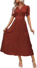 Women's Dresses V neck High Waist Lace Insert Hem Dress Short Sleeve
