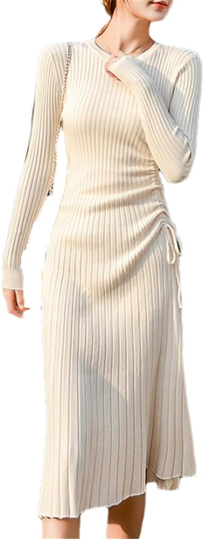 Women White Crew Neck Sweater Dress Knit Long Sleeve Drawstring Slim Midi Dress