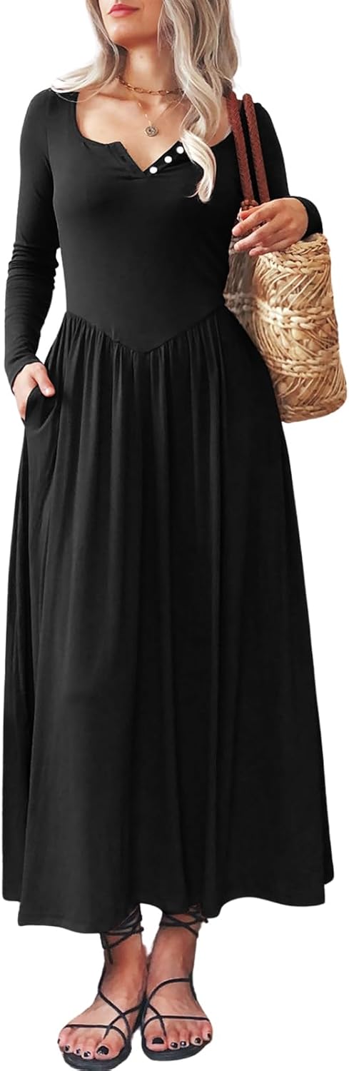 Mieazom Long Sleeves Maxi Dress for Women A Line 2025 V Neck Casual Button Boho Tshirt Long Dress with Pockets