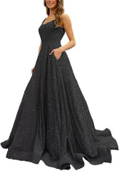 Women's Sequins Prom Dresses Spaghetti Straps 2024 Sparkly Formal Ball Gowns Long A-Line Party Evening Dress LVY009