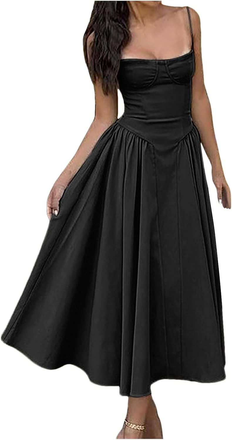 Womens 2024 Summer Dress Spaghetti Strap Elegant Sleeveless Sun Dress Long Dress Flowy A Line Dress