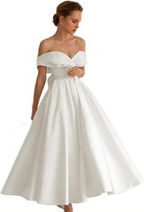 Women's Satin Tea Length Wedding Dresses for Bride Simple Midi A Line Formal Bridal Gowns White Off The Shoulder Courthouse Wedding Dress for Bride US14