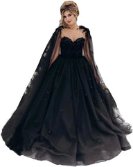 Mouccy Gorgeous Lace Black Wedding Dresses for Bride Strapless Bridal Gowns with Train Beaded Tulle Wedding Gowns with Cape