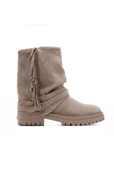 Ottilie Stone Fringed Suedette Ankle Boots
