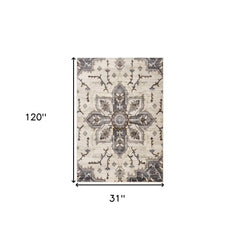 Home Outfitters 4' X 6' Gray and Ivory Damask Power Loom Area Rug