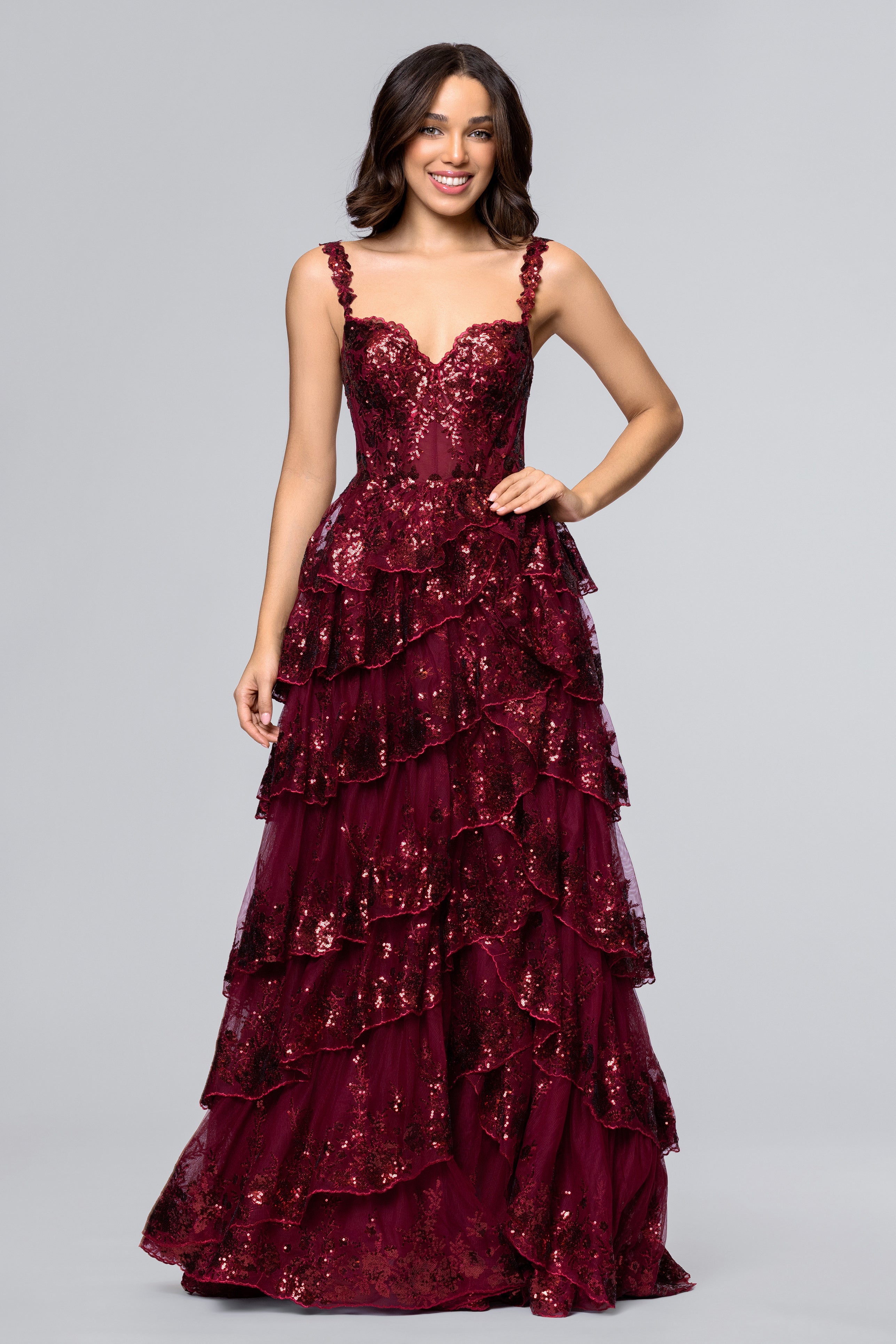 "Connie" Sequin Mesh Tiered Floor Length Dress