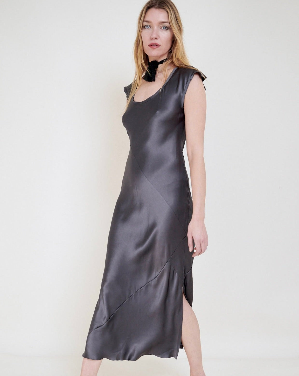 Slip Dress. Ankle-Grazer. Bias Silk Dress: Anthracite Grey