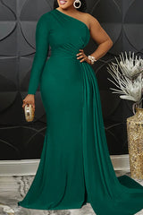 Plus Size Emerald Green Formal Satin One Shoulder Long Sleeve Sweep Maxi Dresses