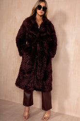Paulette Burgundy Shaggy Faux Fur Belted Coat