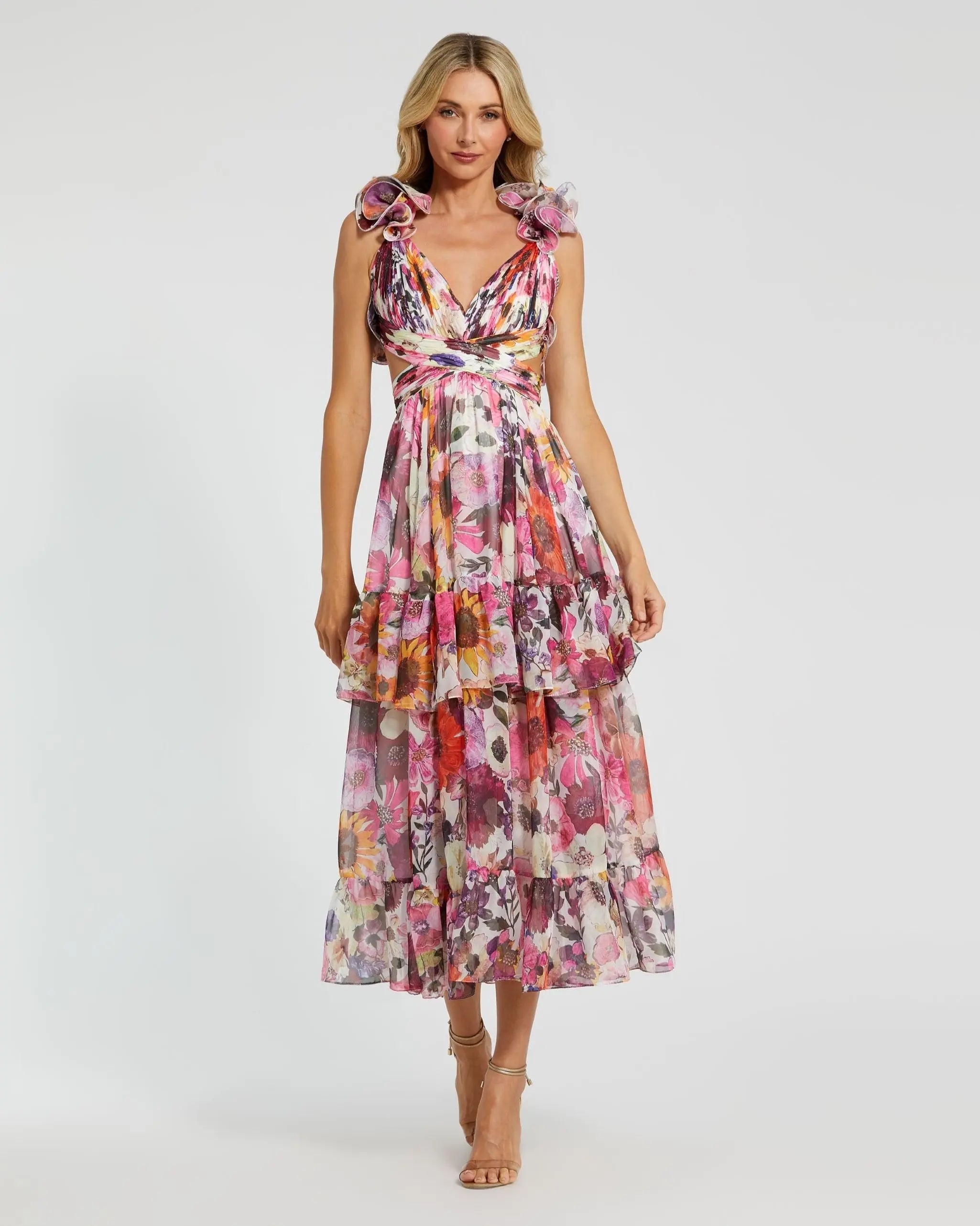 White Floral Chiffon Ruffle Tiered Cut-Out Midi Dress - Mac Duggal