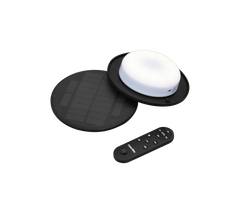 Solarbetriebene LED-Leuchte mit einer runden weißen Lampe, einem schwarzen Solarpanel und einer Fernbedienung zur Steuerung.
