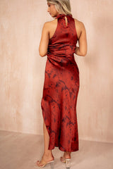 Jill Rust Satin Printed Halterneck Midi Dress