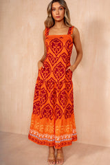 Danica Orange Boho Print Smock Dress