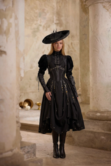 Gothic Lolita Black Ball Gown with puff sleeve - Gothic Corset Dress with Long Sleeve Blouse Plus Size