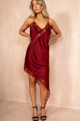 Belinda Wine Satin Lace Asymmetric Cami Dress