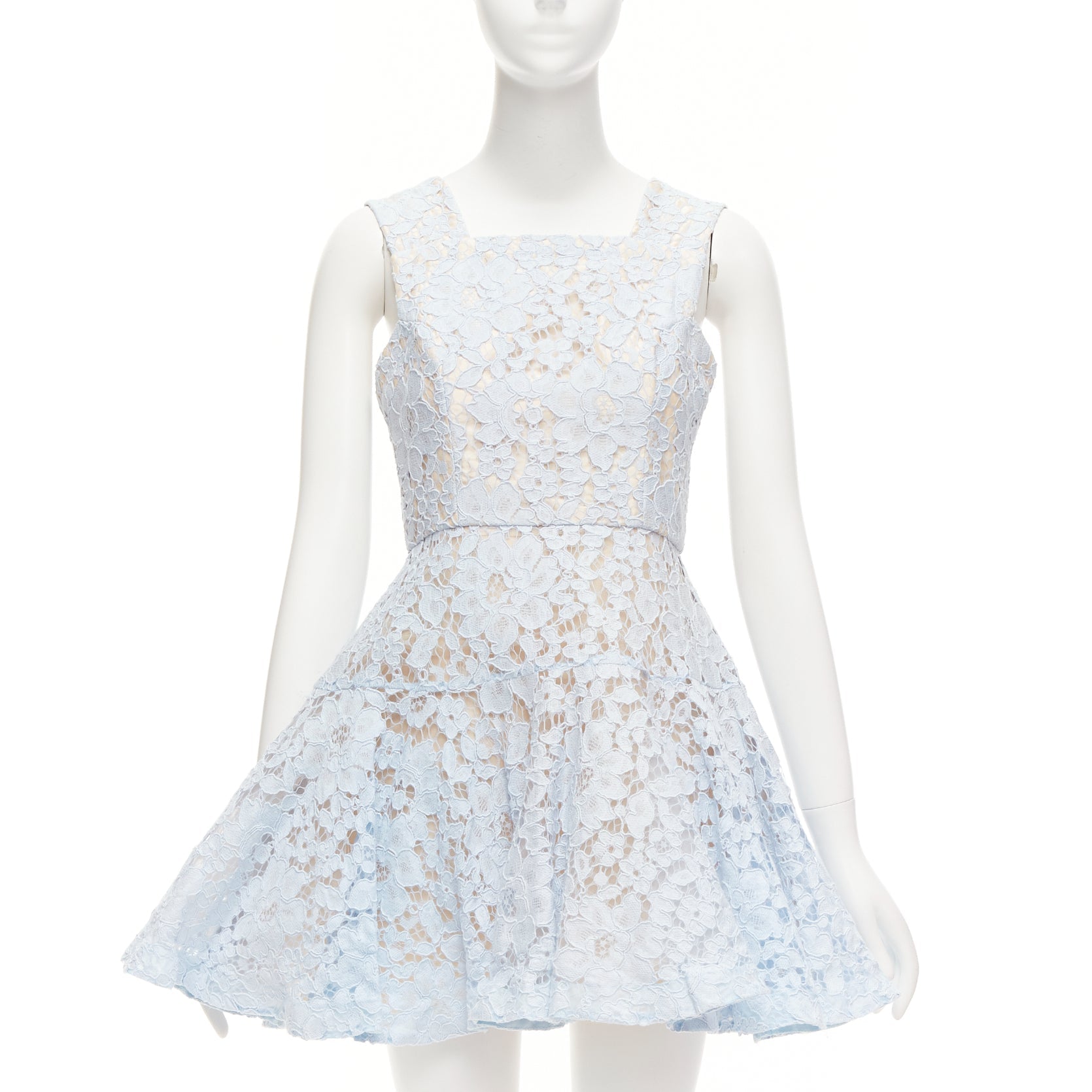 ALEX PERRY Kea powder blue lace full tulle fit flared dress UK8 S