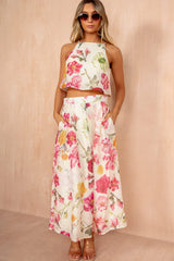 Giorgia Cream Floral Pleated Midi Skirt