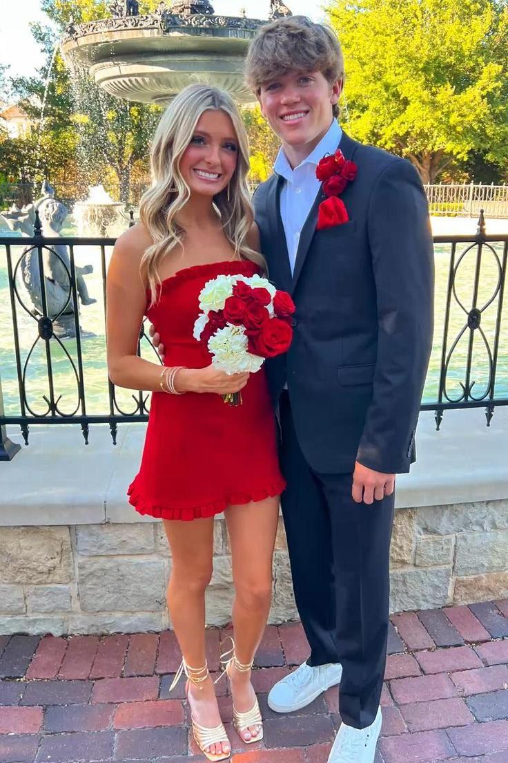Ruffles Strapless Red Tight Mini Dress