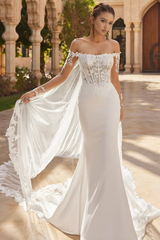 Mermaid Satin Lace Corset Off Shoulder Boho Wedding Dresses for Bride HE876
