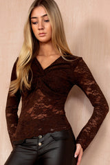 Julie Chocolate Lace Knot Front Top