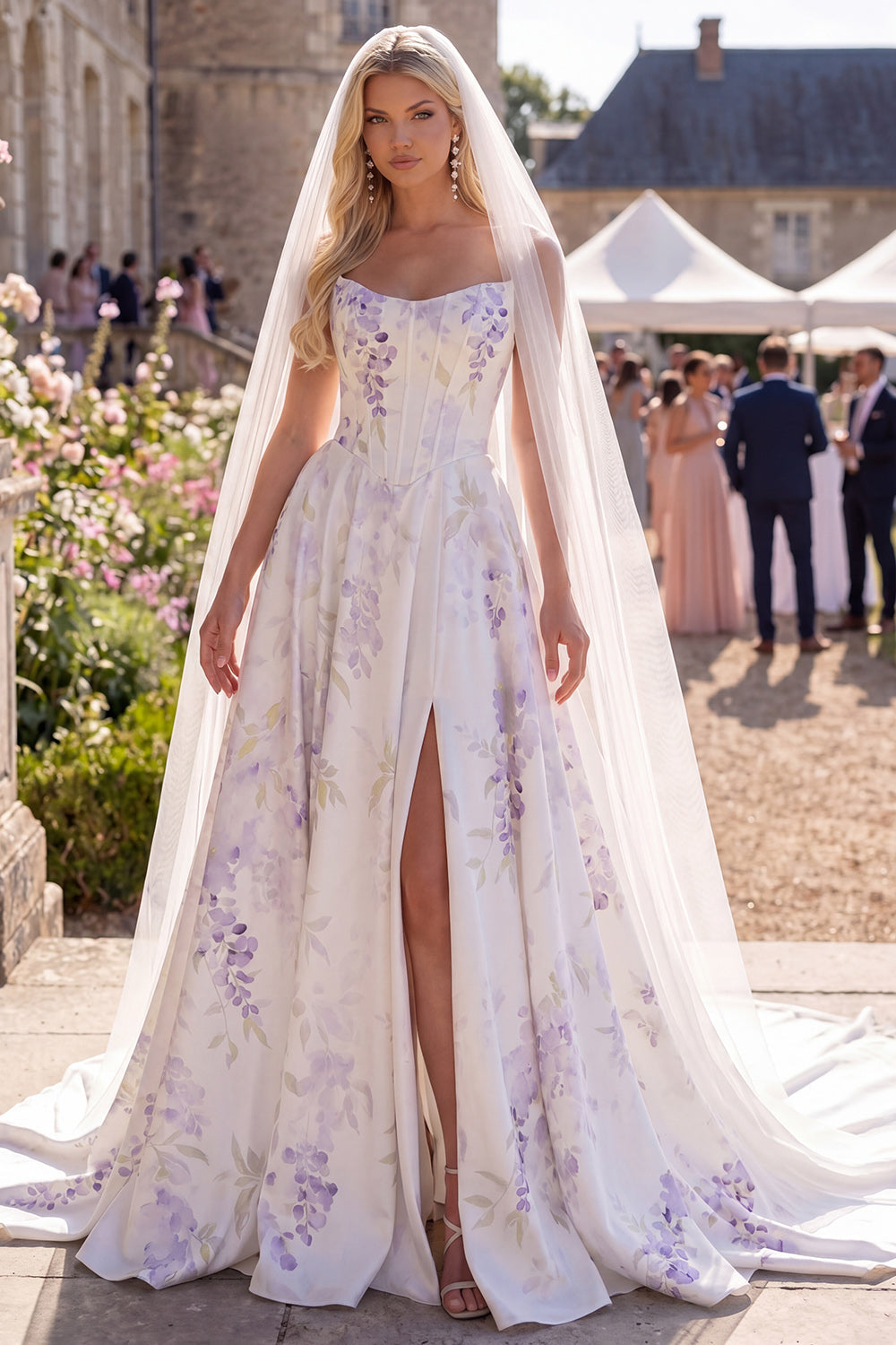 White Purple Flower A Line Corset Sweep Train Beach Wedding Dress with Veils