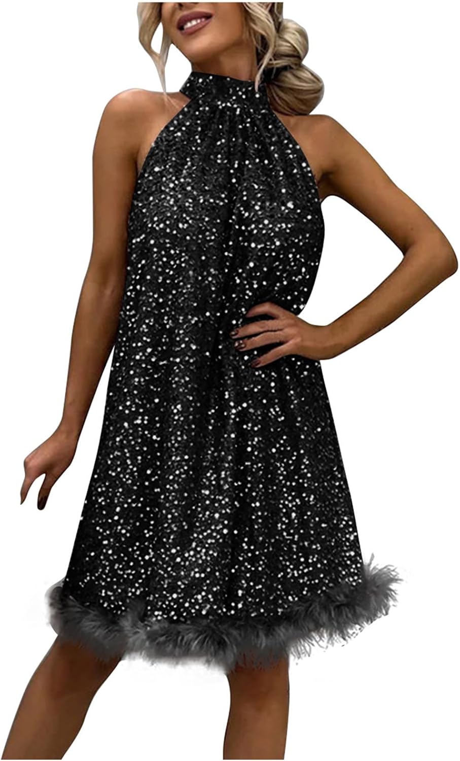 Women's Sequin Sleeveless Halter Neck Cocktail Party Dress Classic Sparkle Wedding Guest Evening Clubwear Dresses