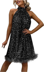Women's Sequin Sleeveless Halter Neck Cocktail Party Dress Classic Sparkle Wedding Guest Evening Clubwear Dresses