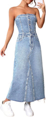 utcoco Denim Dress for Women Sexy Strapless Denim Tube Tops Back Smocked Jean Dresses for Women 2025