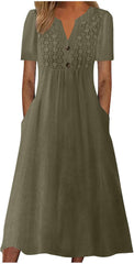 Women's Summer Petite Dress Casual Eyelet Hollow Out Short Sleeve Button V Neck A-line Dress Maxi Dress with Pockets