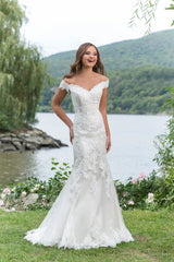 *NEW* Satin with Lace Mermaid Style Off the Shoulder Straps Size 14 Wedding Dress - #6155