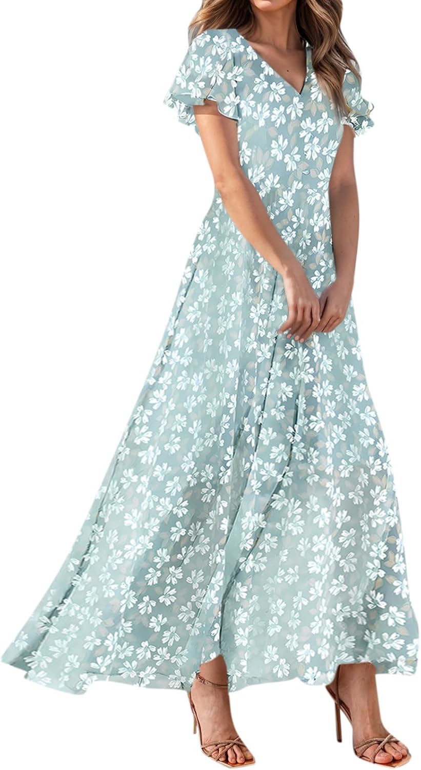 Easter Dress for Women Casual Flowy Chiffon Maxi Floral Dress, A-line Ruffle Short Sleeve V Neck Long Vacation Dresses
