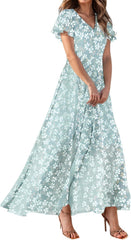 Easter Dress for Women Casual Flowy Chiffon Maxi Floral Dress, A-line Ruffle Short Sleeve V Neck Long Vacation Dresses