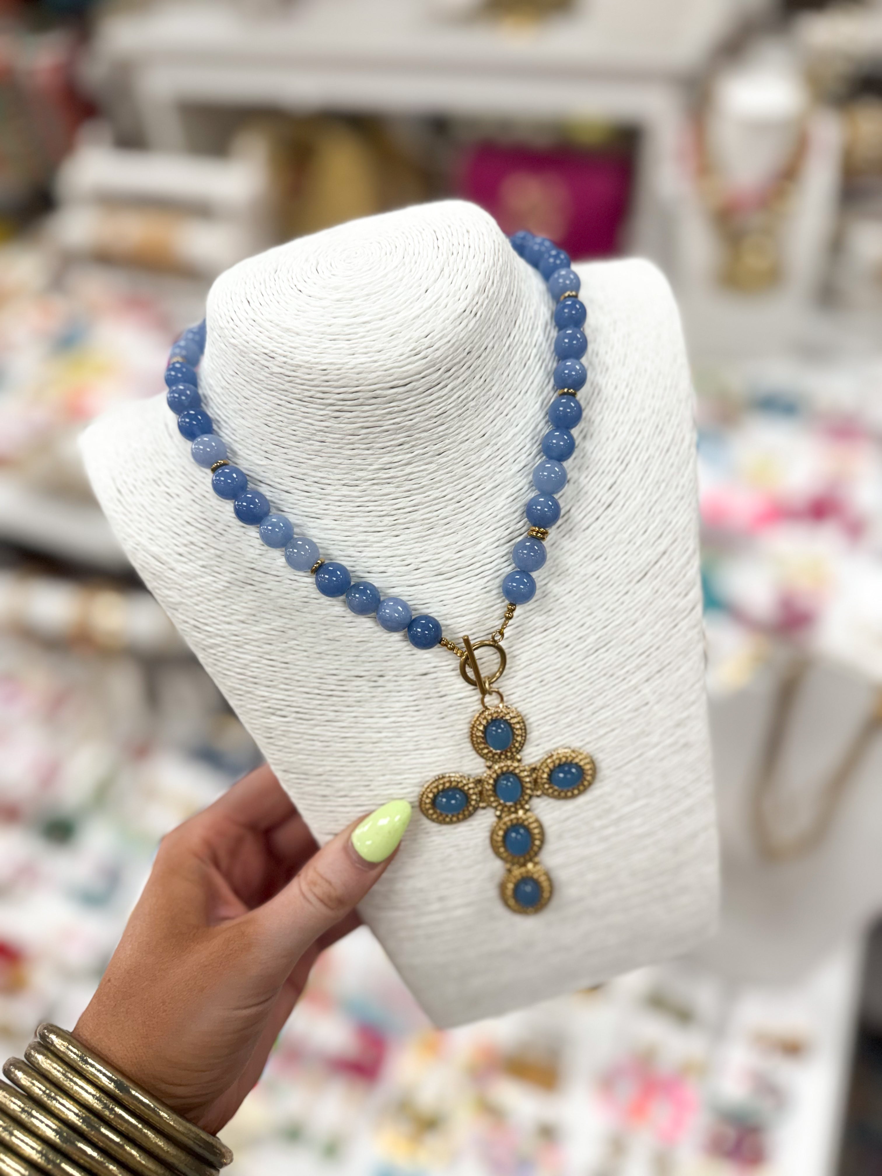 Hart Designs Jewelry - Beaded Blue Necklace "Cross Charm"