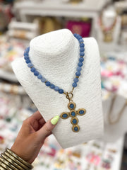 Hart Designs Jewelry - Beaded Blue Necklace "Cross Charm"
