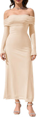 KUTUMAI Women Off Shoulder Bodycon Maxi Dress Long Sleeve Mesh Ruched Party Formal Wedding Guest Dresses