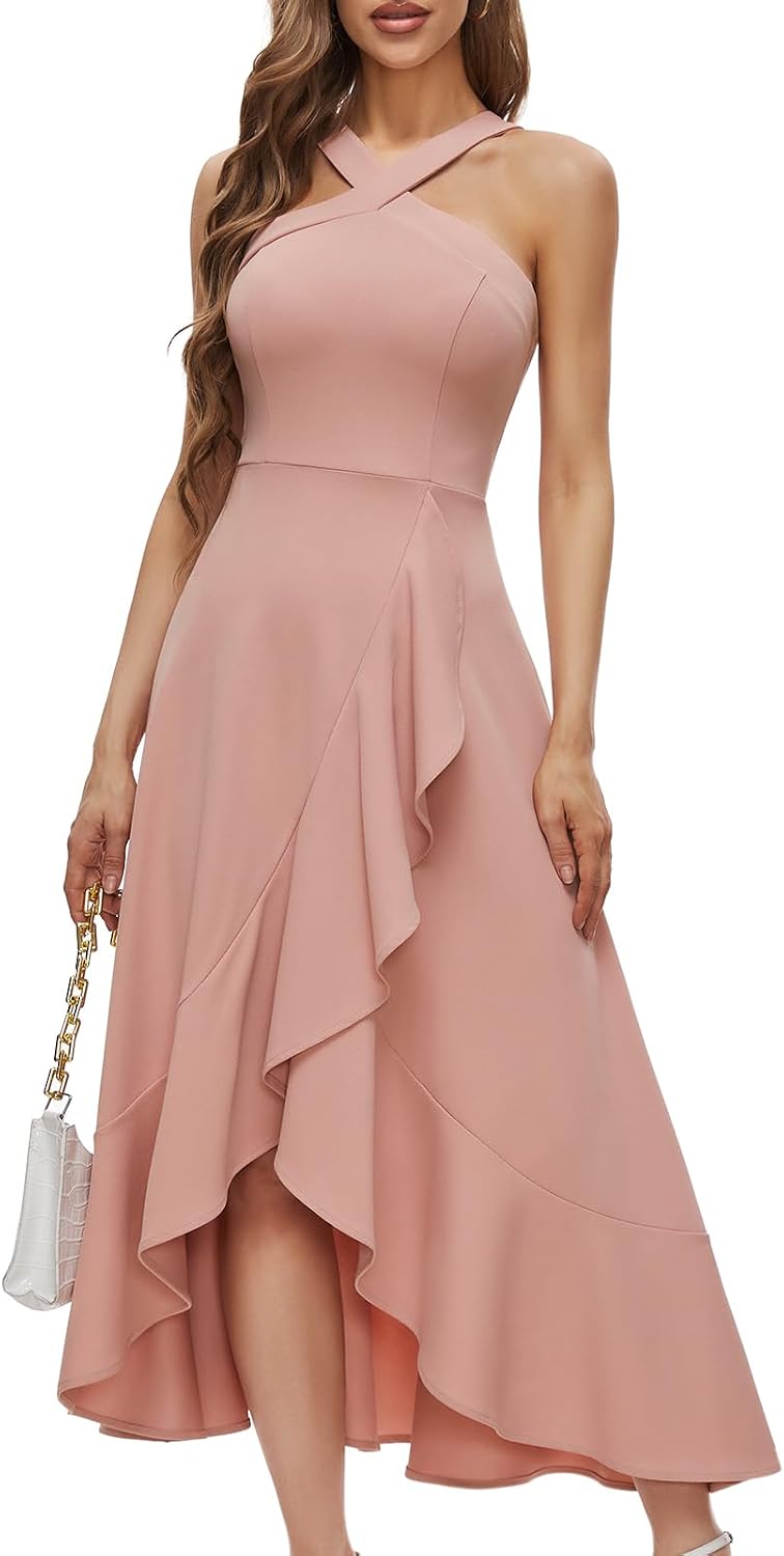 Bbonlinedress Halter Cocktail Women Dresses Prom Formal Wedding Guest Bridesmaid Ruffled Maxi Hi-Lo Evening Party 2026 Dress