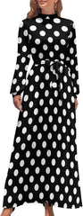 Black White Polka Dot Women's Long Sleeve Round Neck Maxi Dress High Waist Layered A-Line Flowy Maxi Dress