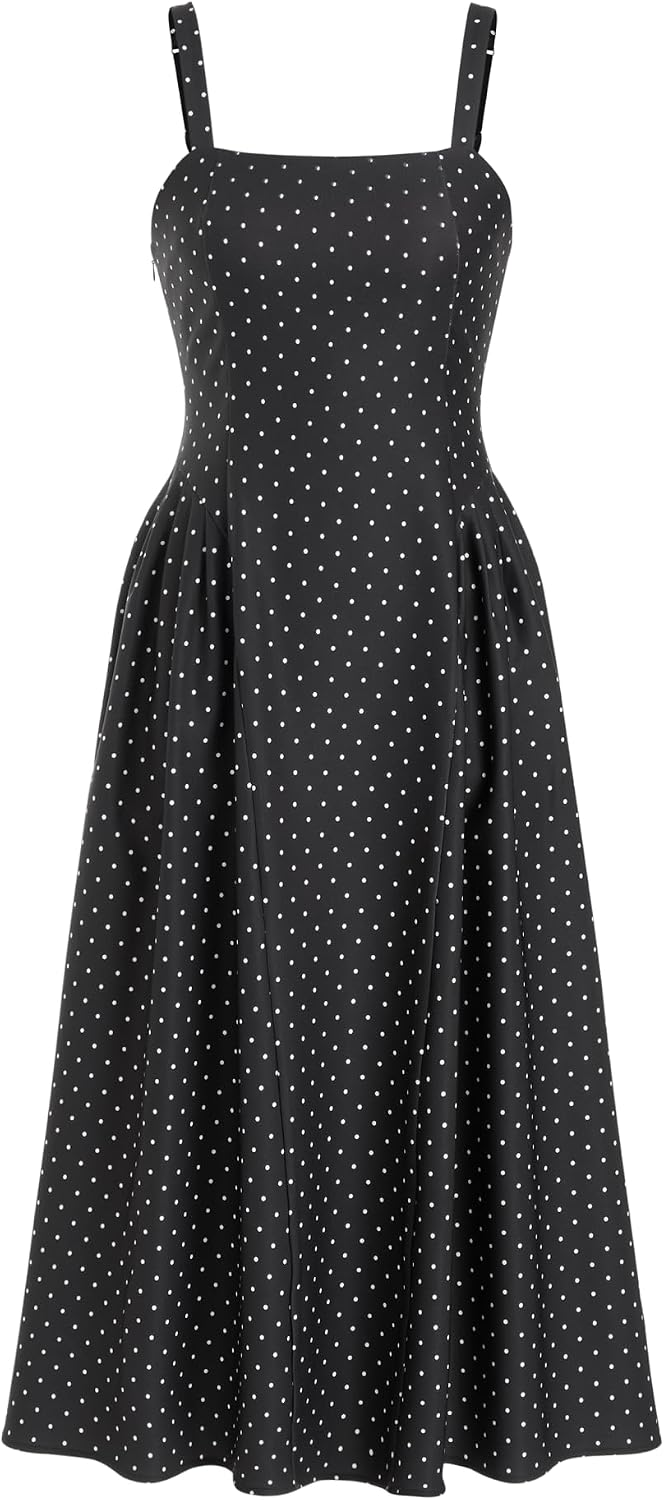CIDER Womens Polka Dots Summer Casual Dresses Square Neck Sleeveless Midi A Line Elegant Dress