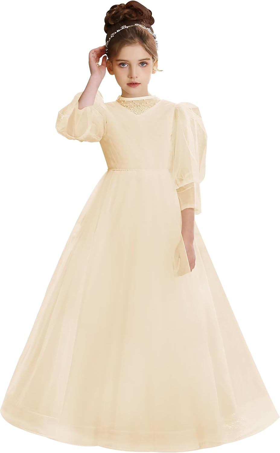 Flower Girl Dress 3/4 Puff Sleeve for Wedding Long Tulle Girls Ball Gown Pearls Pageant Princess First Communion Dress