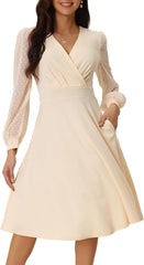 Seta T Women's Long Sleeve Wrap Dresses V Neck Elegant Cocktail Party Work Knee Length Dress with Pockets