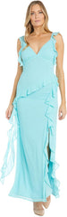 R&M Richards Women's Flattering Ruffled Chiffon Maxi Dress W/Flutter Sleeves & Cascading A-Line Tiered Skirt