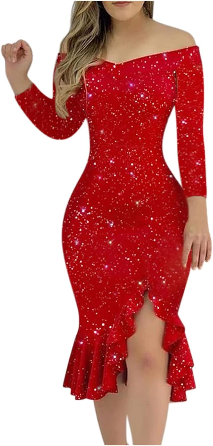 Sexy Coctail Dresses Knee Length Womens Formal Midi Bodycon Dress for Wedding Guest Long Sleeve Dinner Party Dress