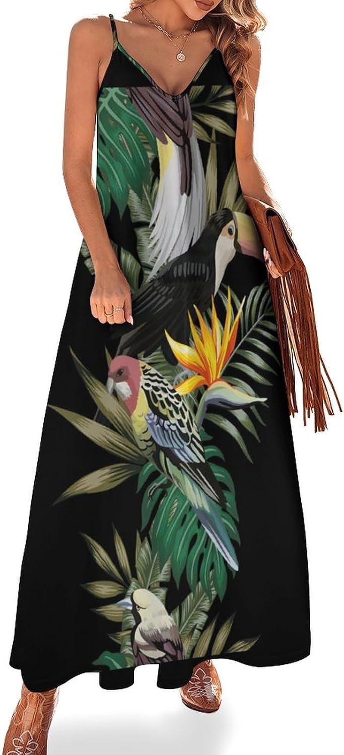Women's Sundress Sleeveless Long Dress Maxi Exotic Tropical Bird Toucan Parrot Dresses Summer Beach Dress